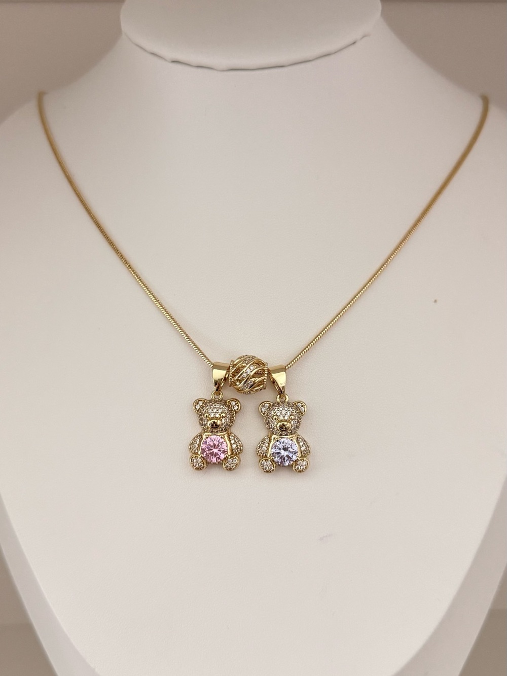 Gold Teddy Bear Pendant Necklace with Pink and White Stones